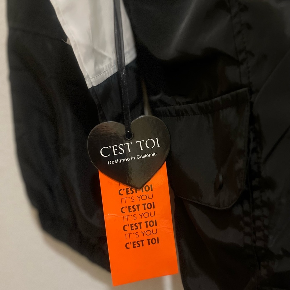 C'EST TOI 100% Polyester Longline Colorblock Jacket Black/White